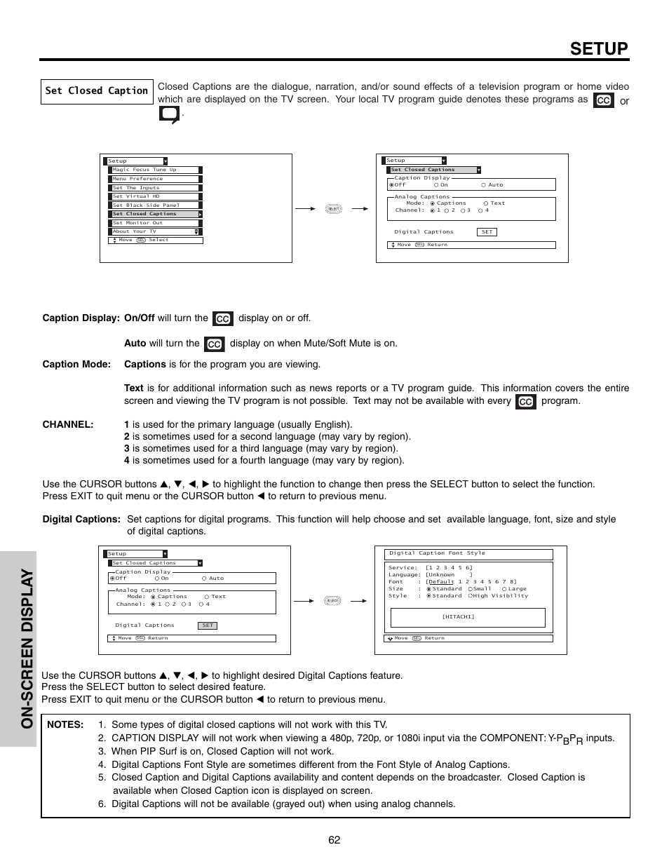 Setup, On-screen displa y, Set closed caption | Hitachi 57F710 User Manual | Page 62 / 80