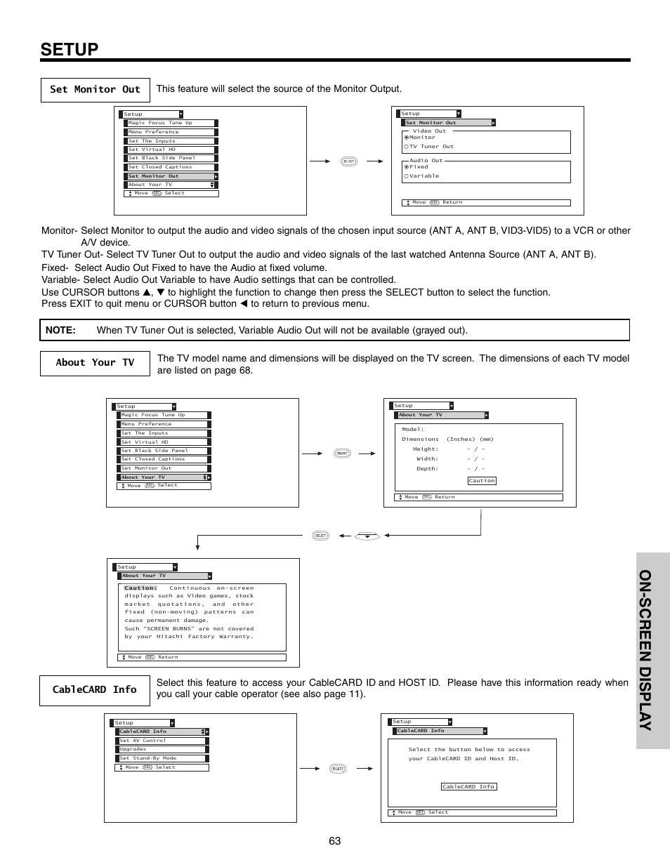 Setup, On-screen displa y | Hitachi 57F710 User Manual | Page 63 / 80