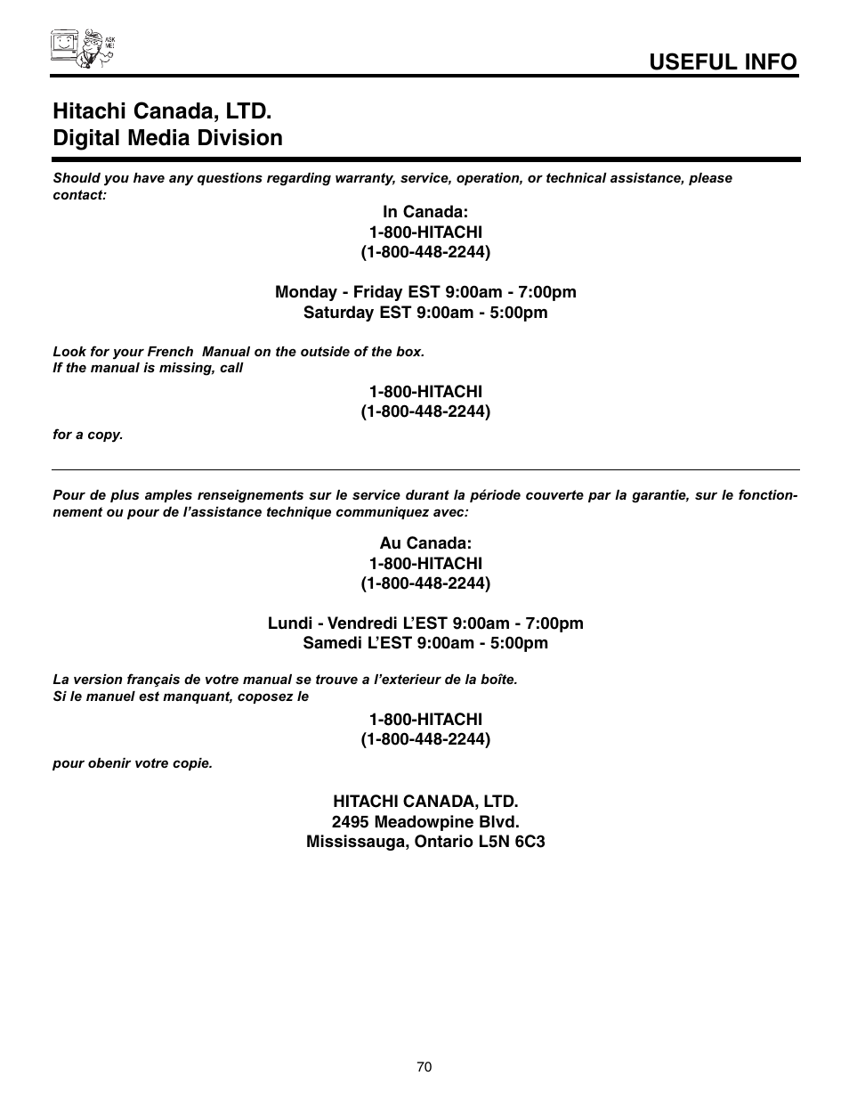 Useful info, Hitachi canada, ltd. digital media division | Hitachi 57F710 User Manual | Page 70 / 80