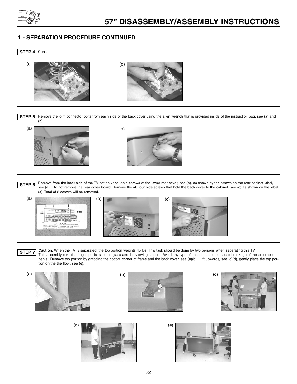 57” disassembly/assembly instructions, 1 - separation procedure continued | Hitachi 57F710 User Manual | Page 72 / 80