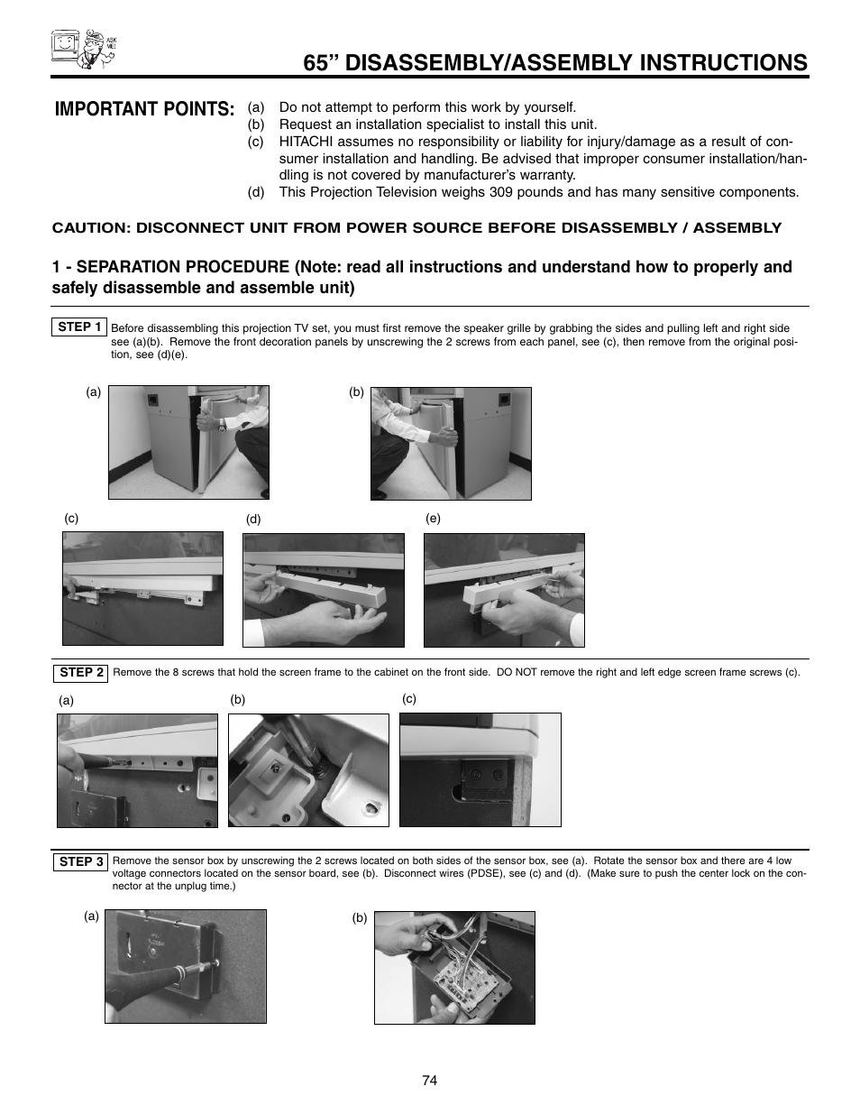 65” disassembly/assembly instructions, Important points | Hitachi 57F710 User Manual | Page 74 / 80
