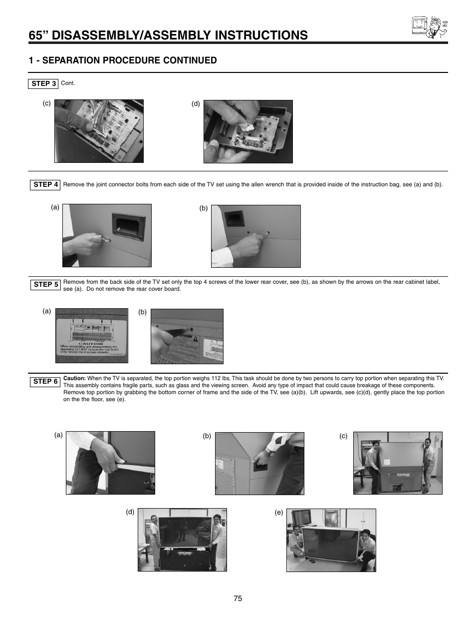 65” disassembly/assembly instructions, 1 - separation procedure continued | Hitachi 57F710 User Manual | Page 75 / 80