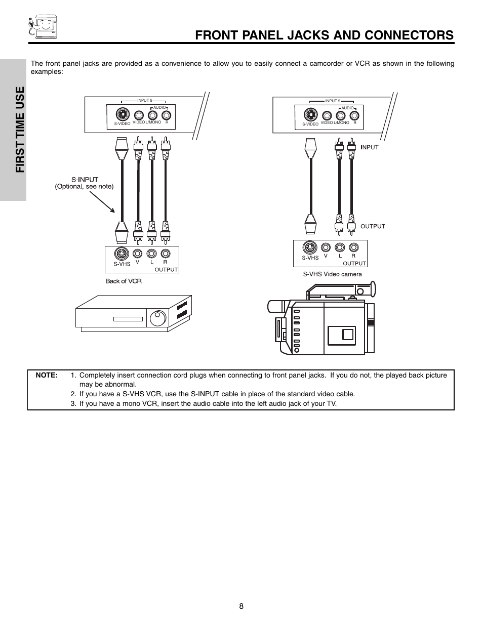 Front panel jacks and connectors, First time use | Hitachi 57F710 User Manual | Page 8 / 80