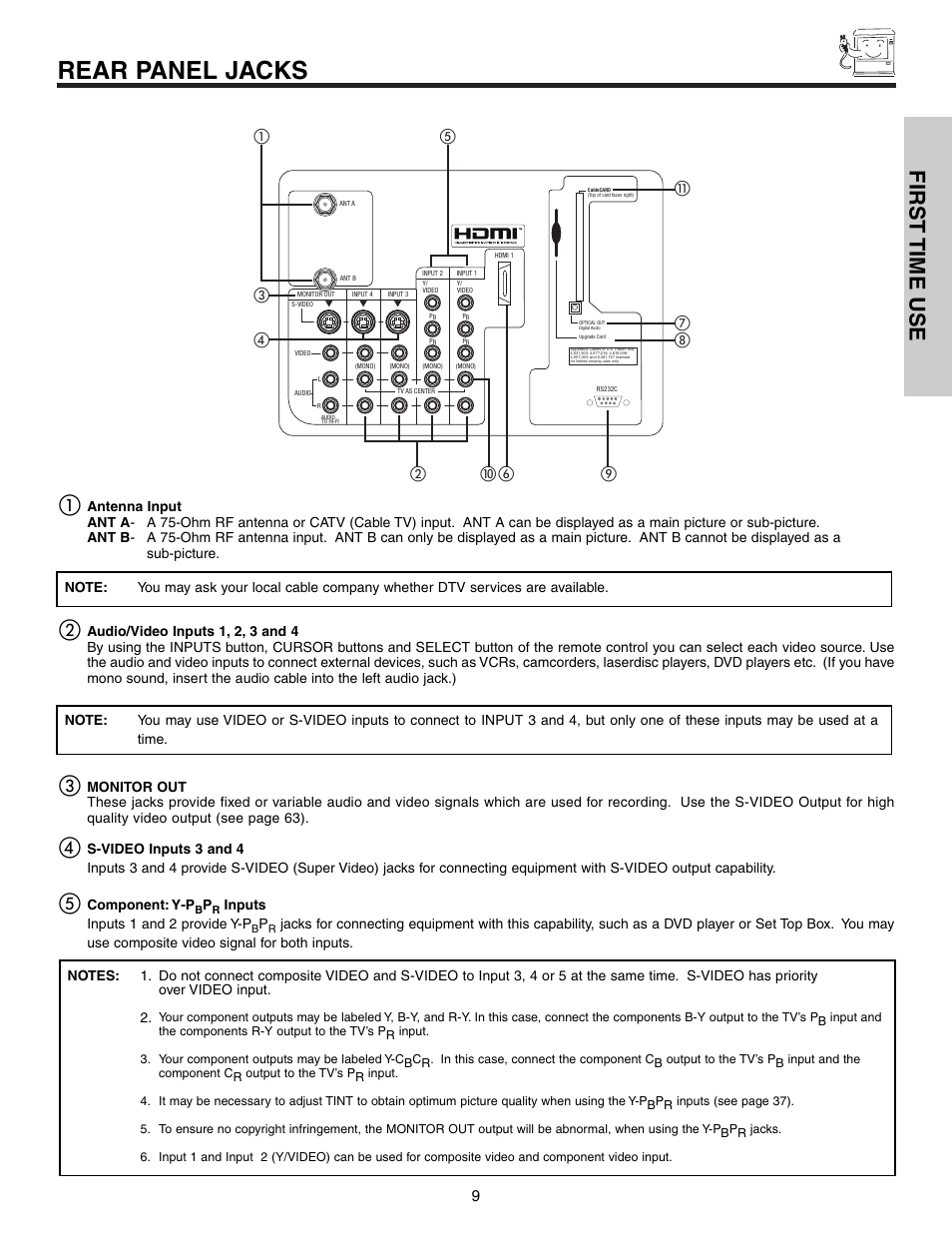 Rear panel jacks, First time use, Component: y-p | Inputs inputs 1 and 2 provide y-p | Hitachi 57F710 User Manual | Page 9 / 80