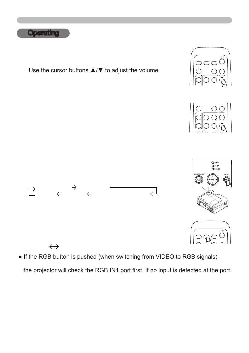 Operating adjusting the volume, Temporarily muting the sound, Selecting an input signal | Operating | Hitachi CP-X265 User Manual | Page 18 / 66