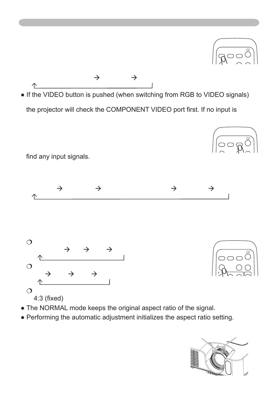 Adjusting the zoom and focus, Selecting an aspect ratio, Searching an input signal | Use the zoom ring to adjust the screen size, Use the focus ring to focus the picture, Selecting an input signal (continued), Zoom ring focus ring, Operating | Hitachi CP-X265 User Manual | Page 19 / 66