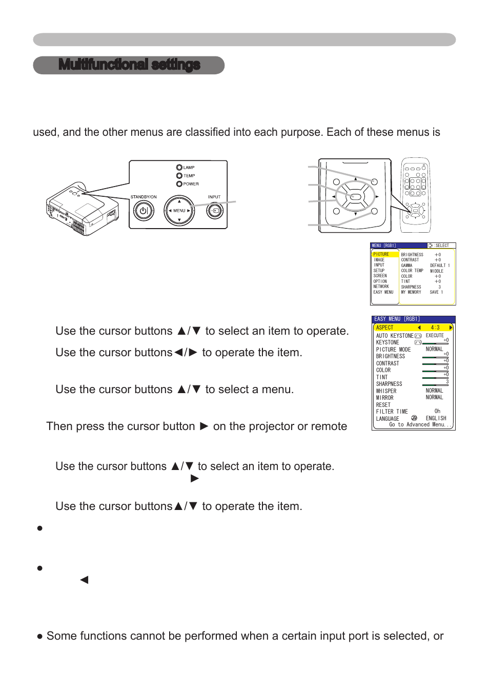 Multifunctional settings using the menu function, Multifunctional settings | Hitachi CP-X265 User Manual | Page 24 / 66