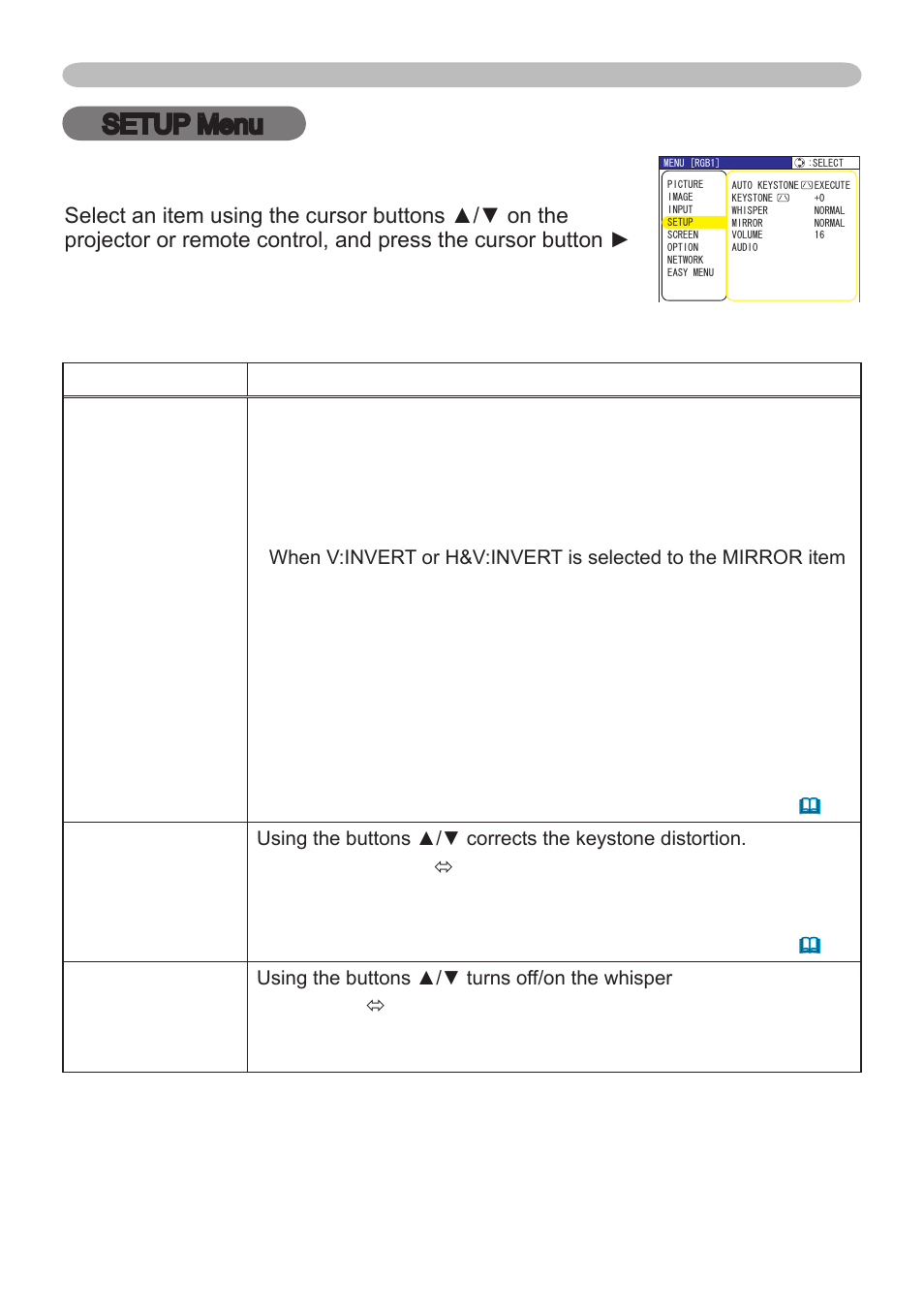 Setup menu | Hitachi CP-X265 User Manual | Page 35 / 66