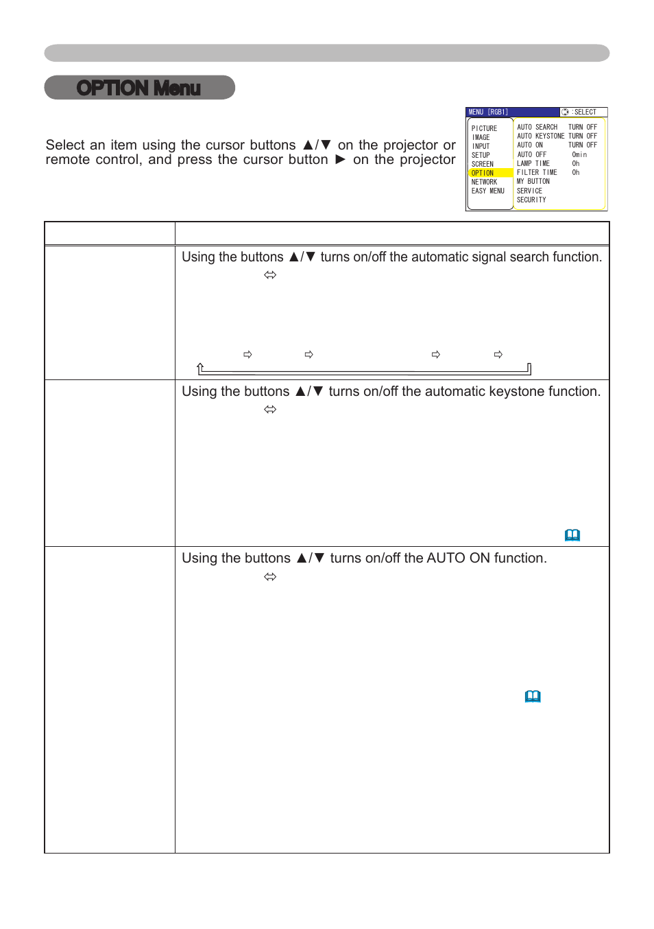 Option menu | Hitachi CP-X265 User Manual | Page 40 / 66
