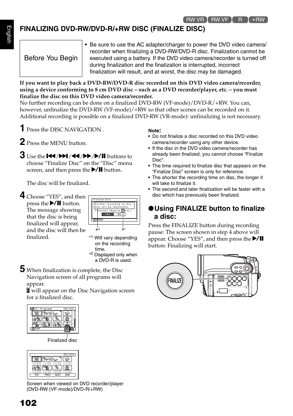 Finalizing dvd-rw/dvd-r/+rw disc (finalize disc), Using finalize button to finalize a disc, Before you begin | Finalize, English, Press the disc navigation, Press the menu button | Hitachi DZ-B35A User Manual | Page 102 / 167