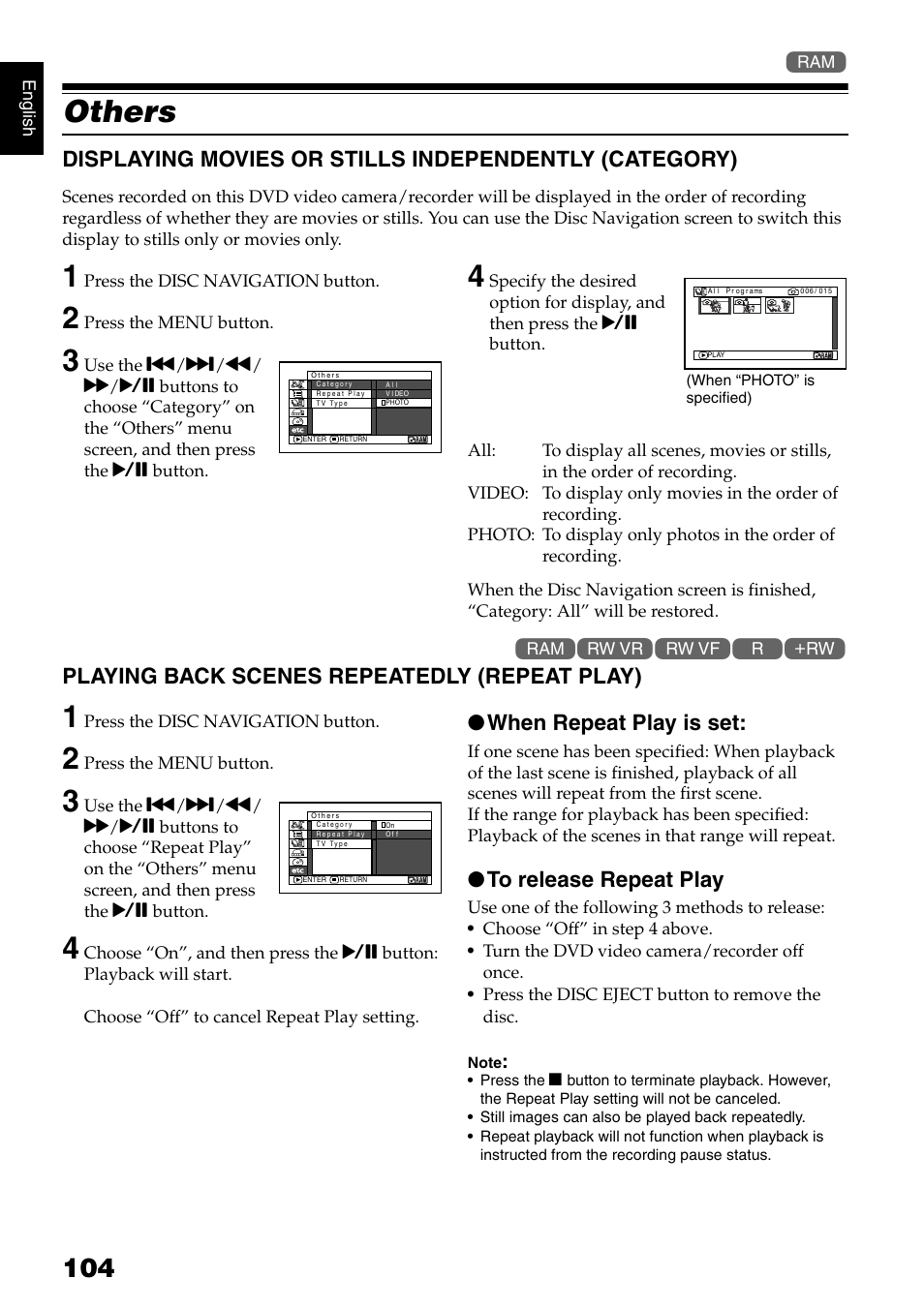 Others, Playing back scenes repeatedly (repeat play), When repeat play is set | Hitachi DZ-B35A User Manual | Page 104 / 167