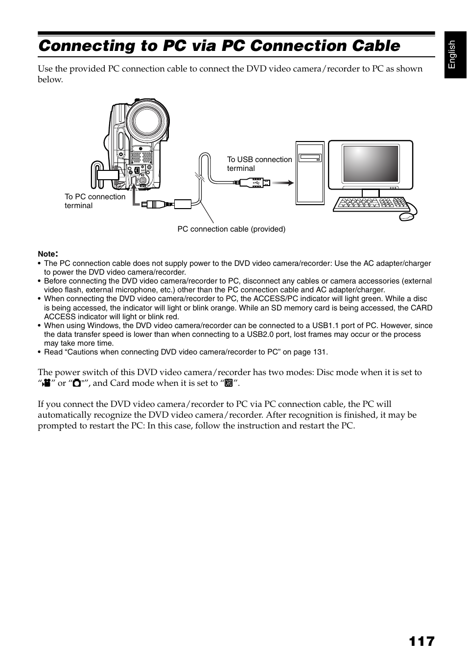 Connecting to pc via pc connection cable | Hitachi DZ-B35A User Manual | Page 117 / 167