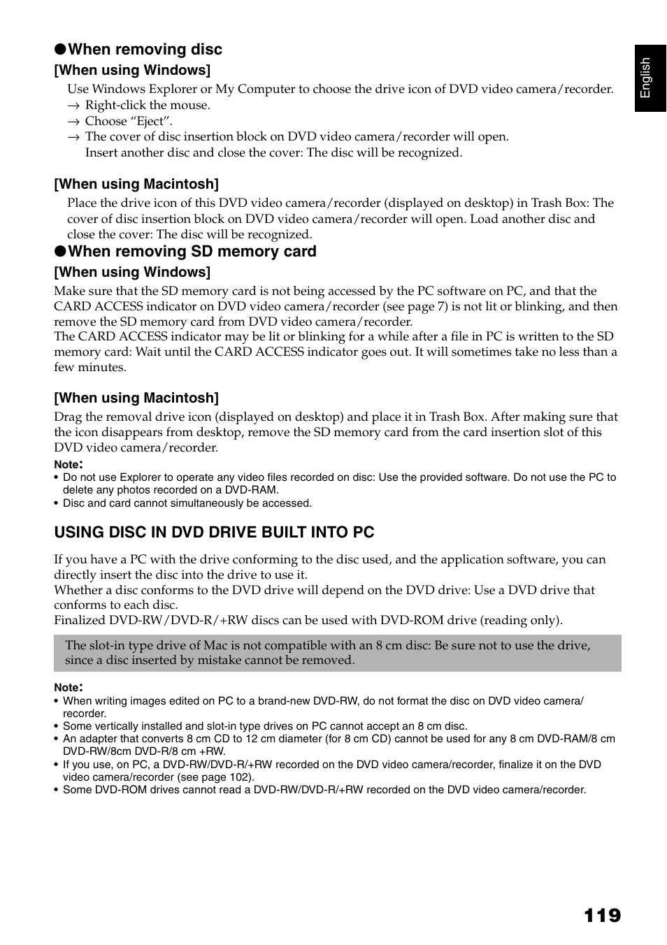 When removing disc, Using disc in dvd drive built into pc | Hitachi DZ-B35A User Manual | Page 119 / 167