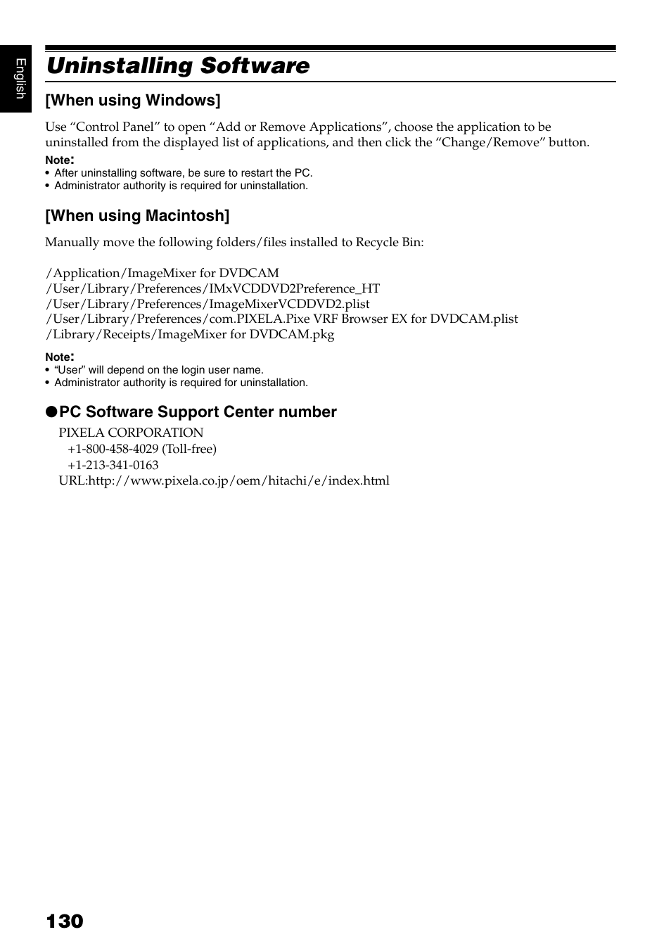 Uninstalling software | Hitachi DZ-B35A User Manual | Page 130 / 167