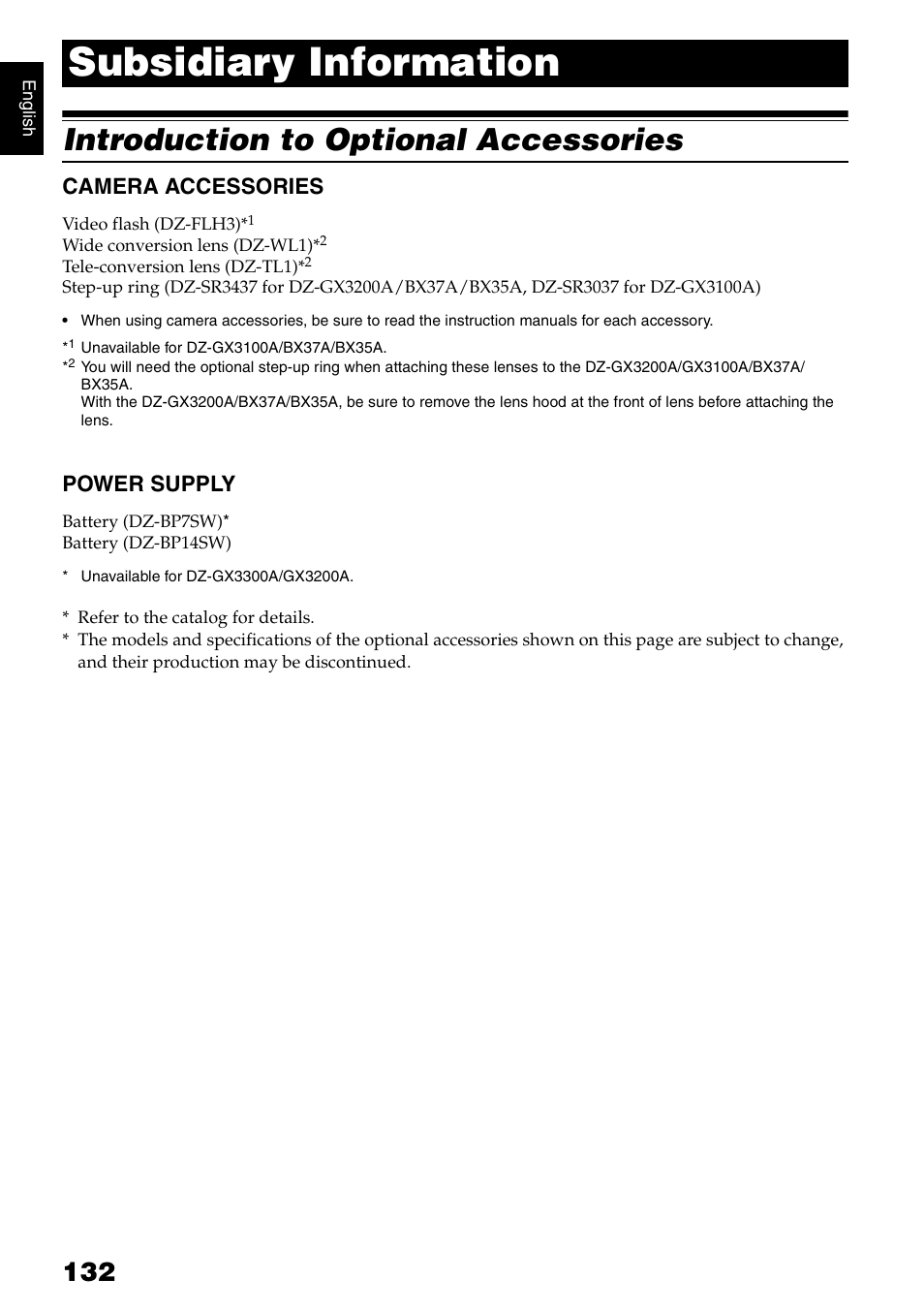 Subsidiary information, Introduction to optional accessories, Camera accessories | Power supply | Hitachi DZ-B35A User Manual | Page 132 / 167