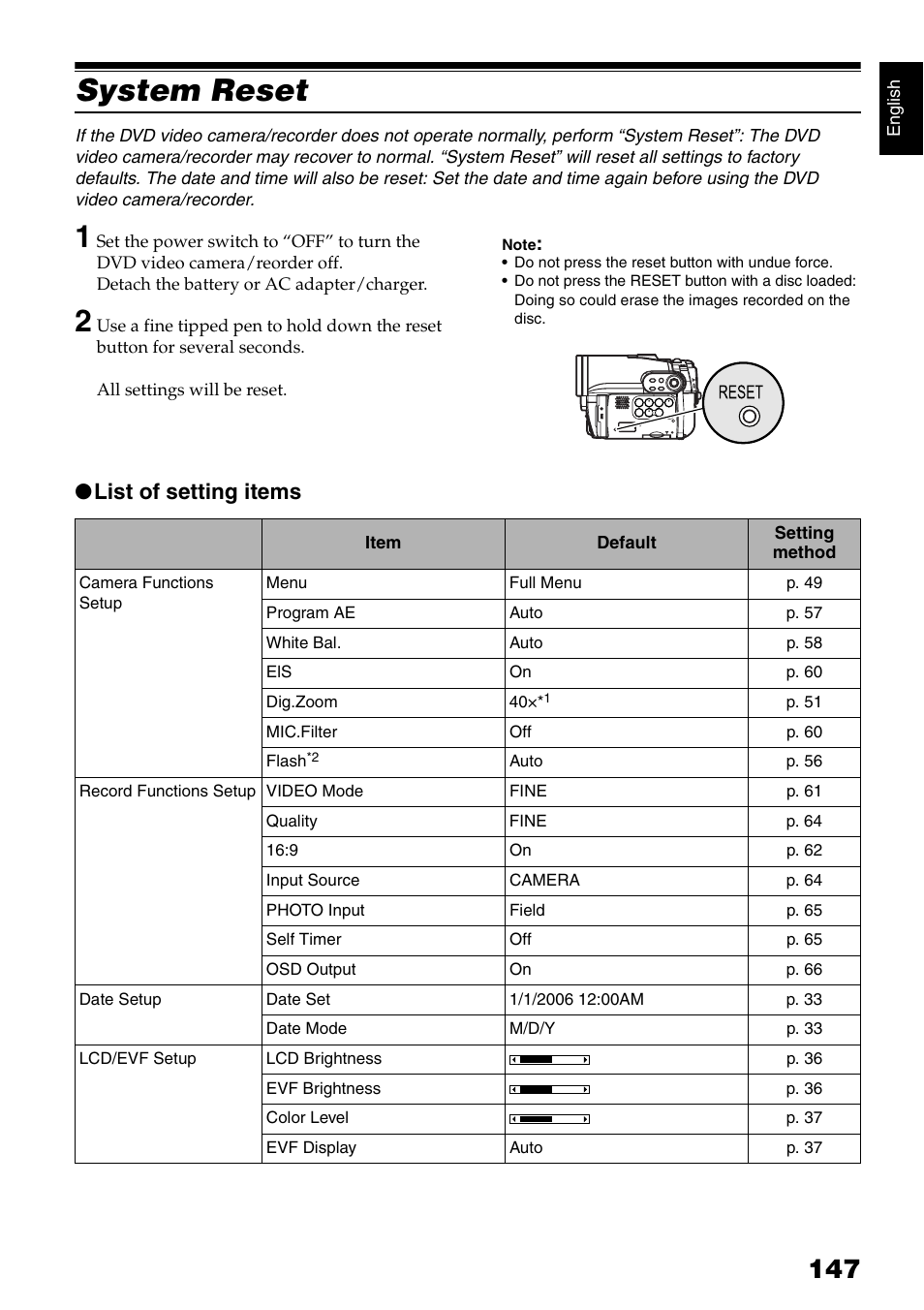 System reset, List of setting items | Hitachi DZ-B35A User Manual | Page 147 / 167
