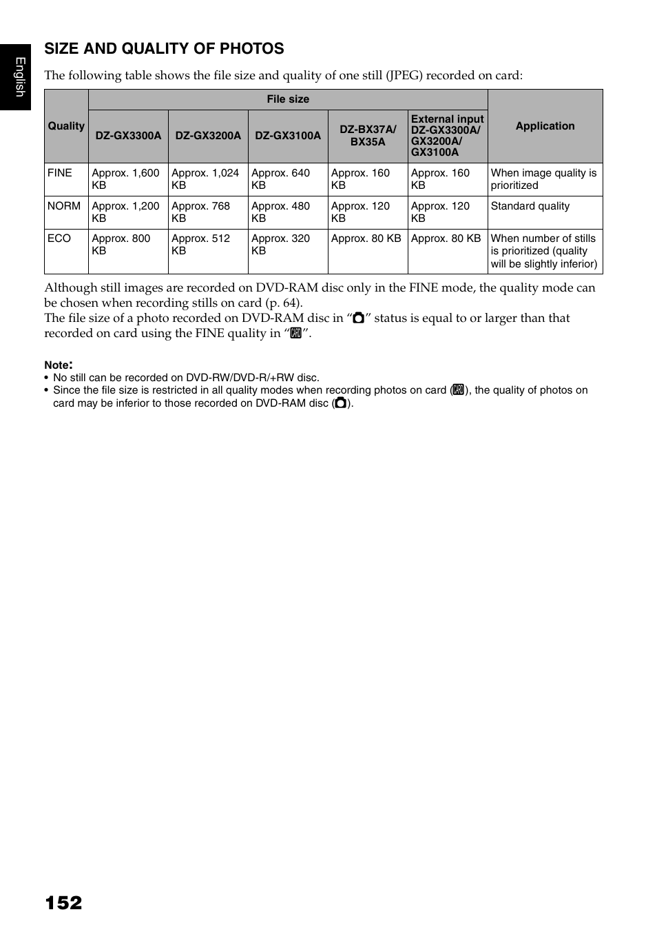 Size and quality of photos | Hitachi DZ-B35A User Manual | Page 152 / 167