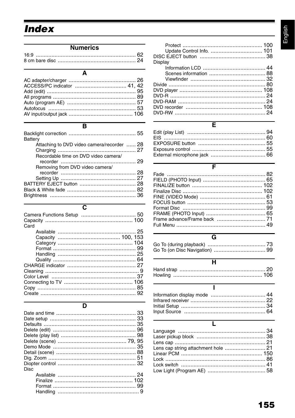 Index | Hitachi DZ-B35A User Manual | Page 155 / 167