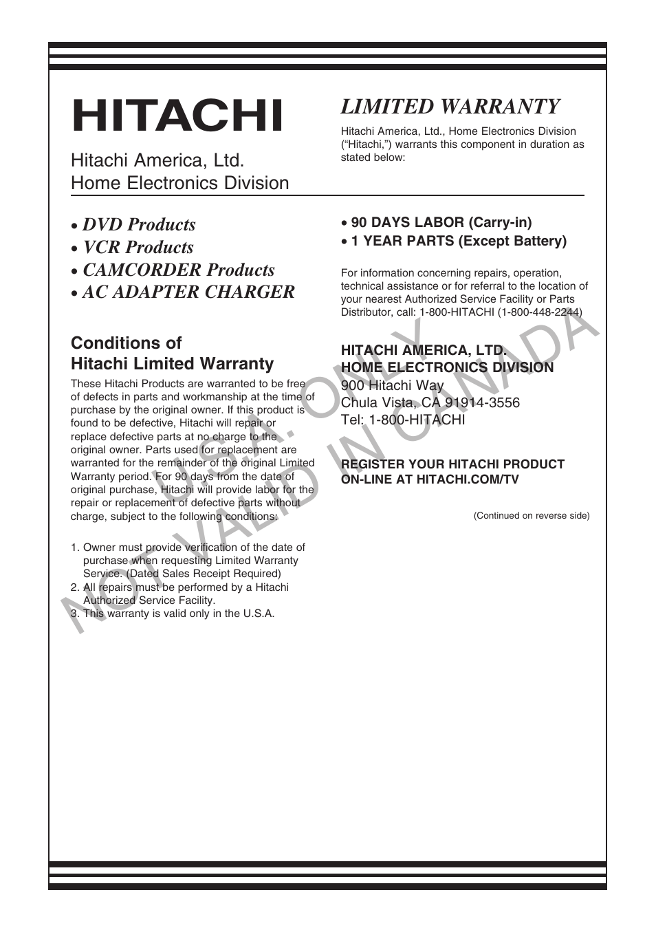 U.s .a. only not valid in canada, Hitachi | Hitachi DZ-B35A User Manual | Page 160 / 167