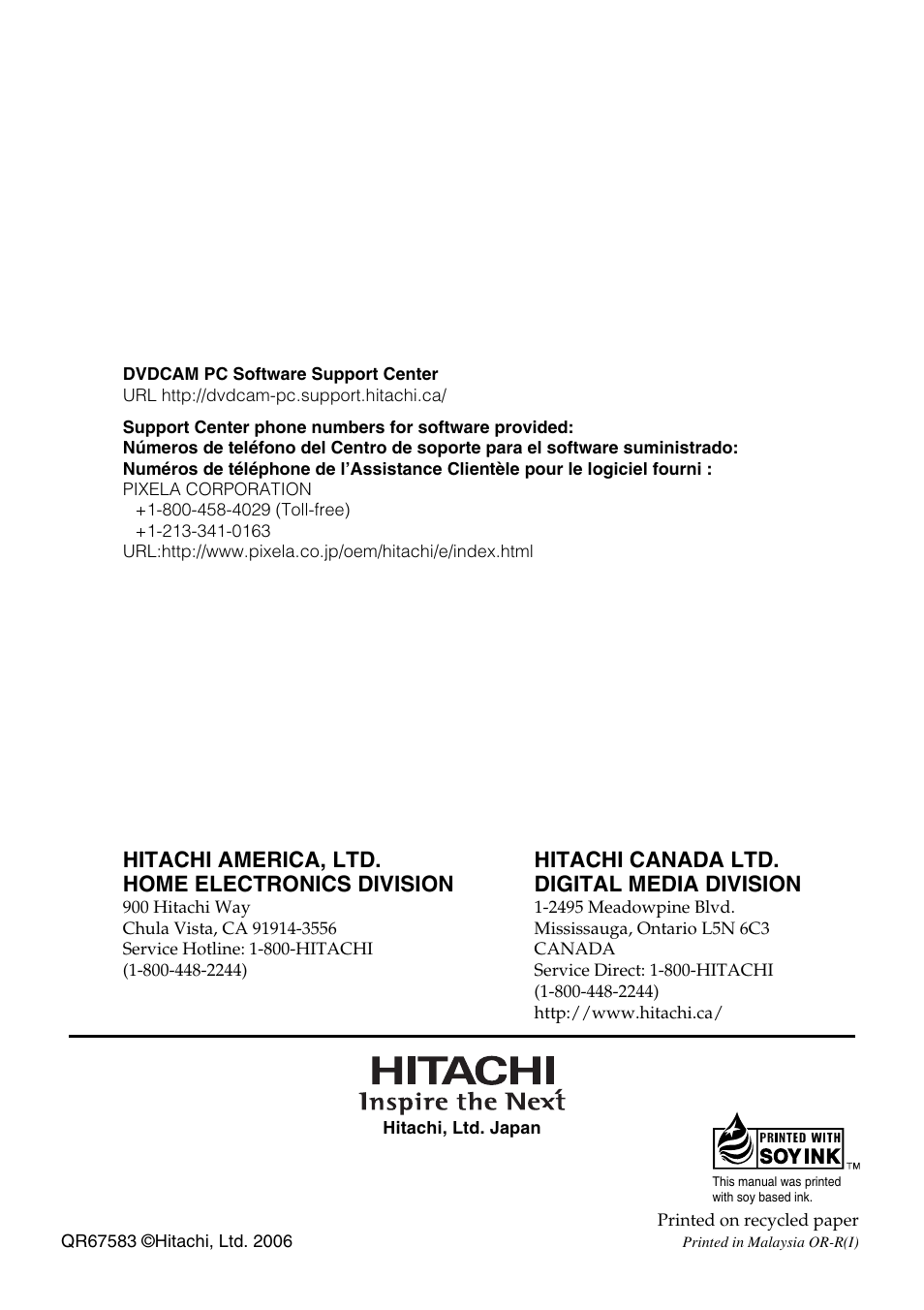 Hitachi america, ltd. home electronics division, Hitachi canada ltd. digital media division | Hitachi DZ-B35A User Manual | Page 167 / 167