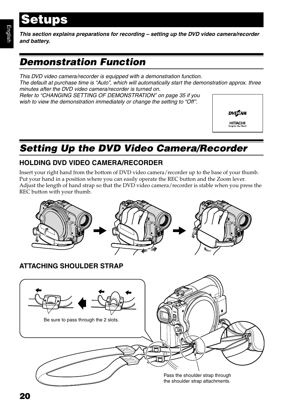 Setups, Demonstration function, Setting up the dvd video camera/recorder | Hitachi DZ-B35A User Manual | Page 20 / 167