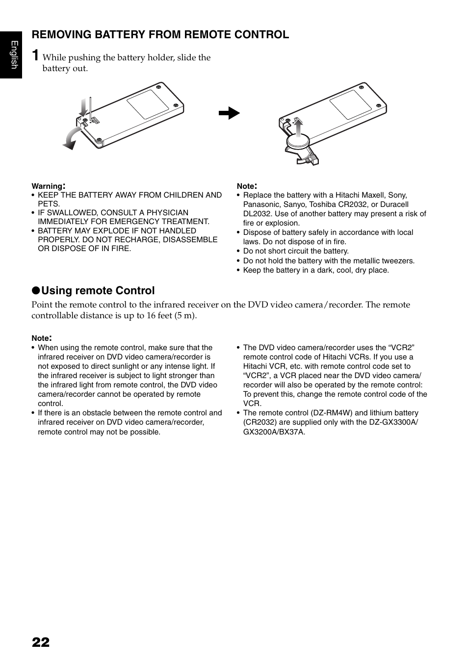 Removing battery from remote control, Using remote control | Hitachi DZ-B35A User Manual | Page 22 / 167