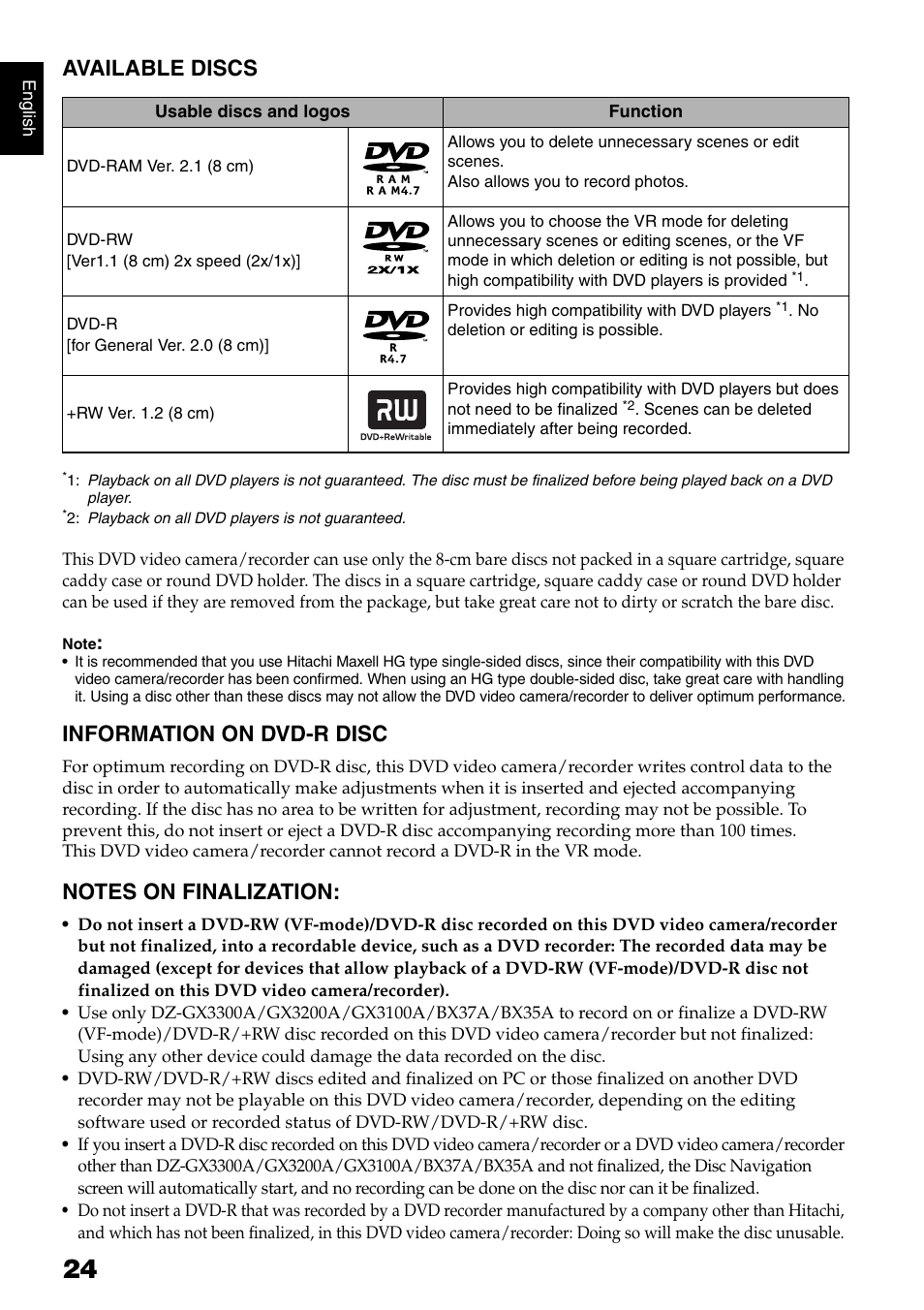 Available discs, Information on dvd-r disc | Hitachi DZ-B35A User Manual | Page 24 / 167