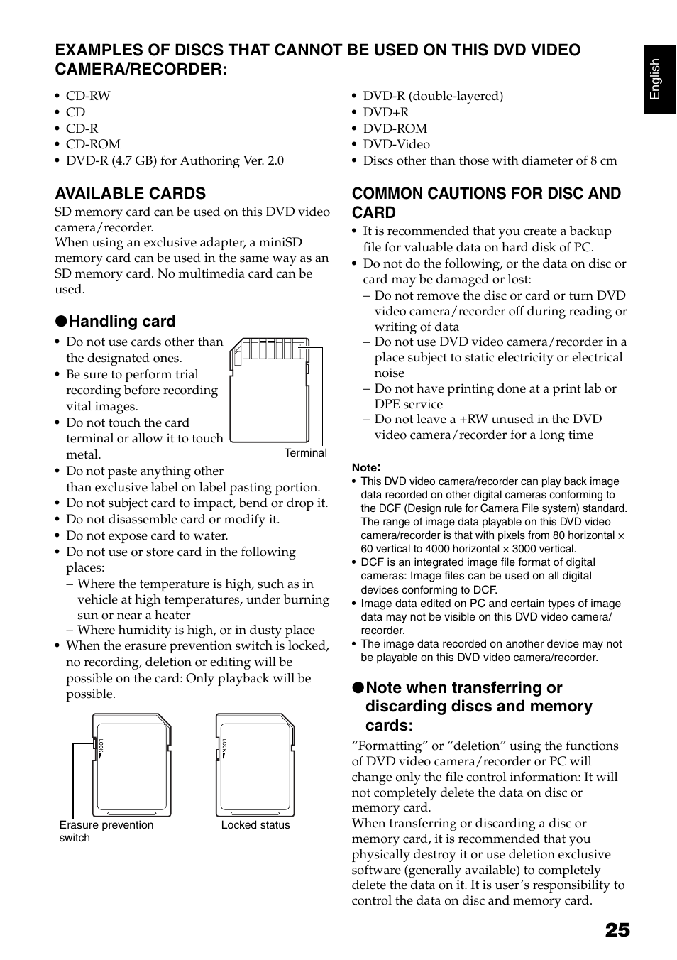 Available cards, Handling card, Common cautions for disc and card | Hitachi DZ-B35A User Manual | Page 25 / 167