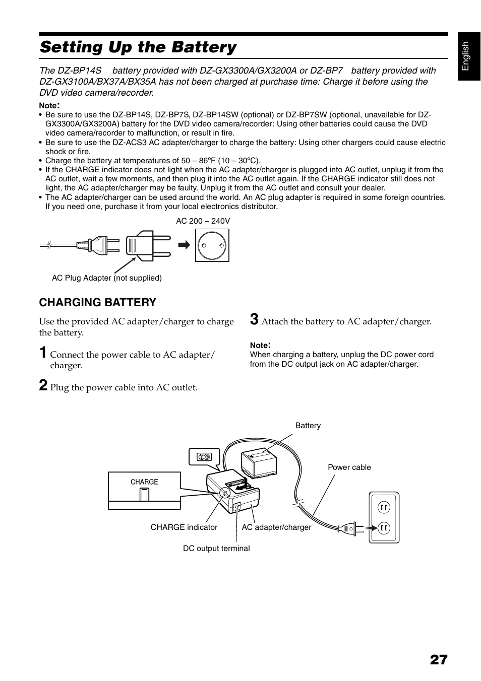 Setting up the battery, Charging battery | Hitachi DZ-B35A User Manual | Page 27 / 167