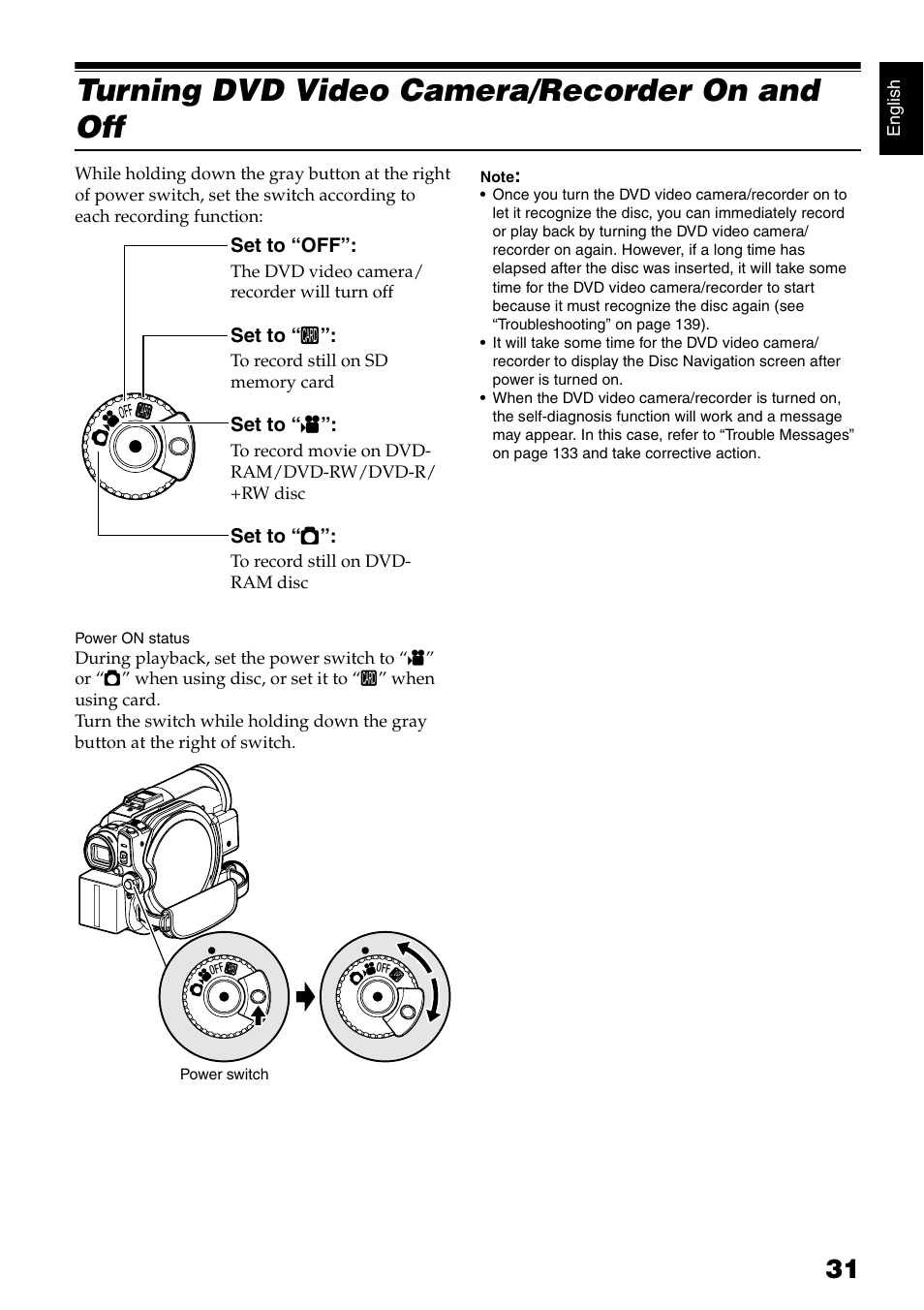 Turning dvd video camera/recorder on and off | Hitachi DZ-B35A User Manual | Page 31 / 167