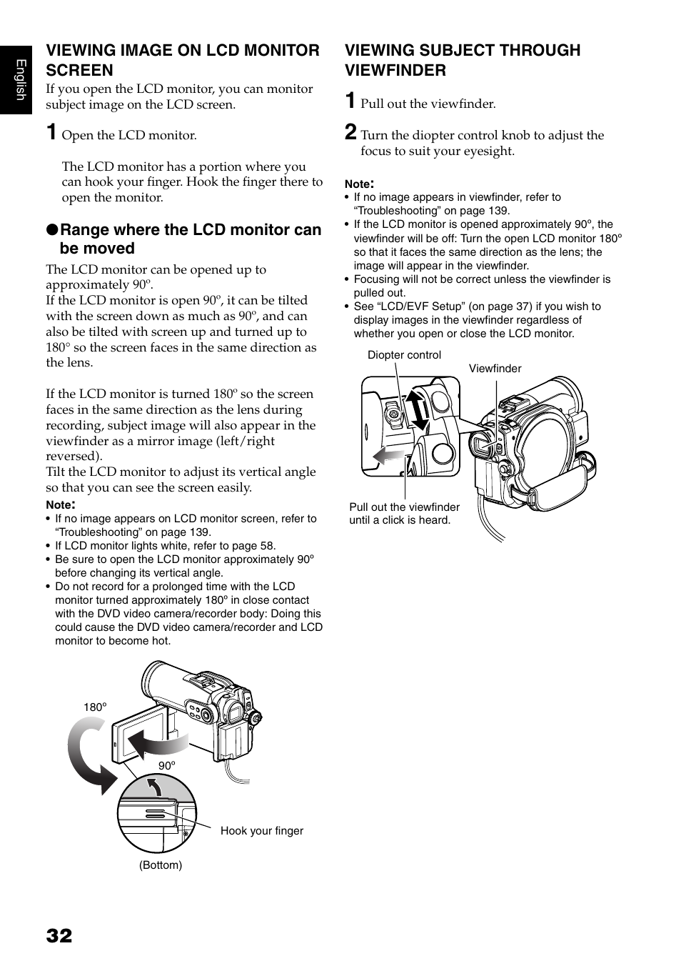 Viewing image on lcd monitor screen, Range where the lcd monitor can be moved, Viewing subject through viewfinder | Hitachi DZ-B35A User Manual | Page 32 / 167