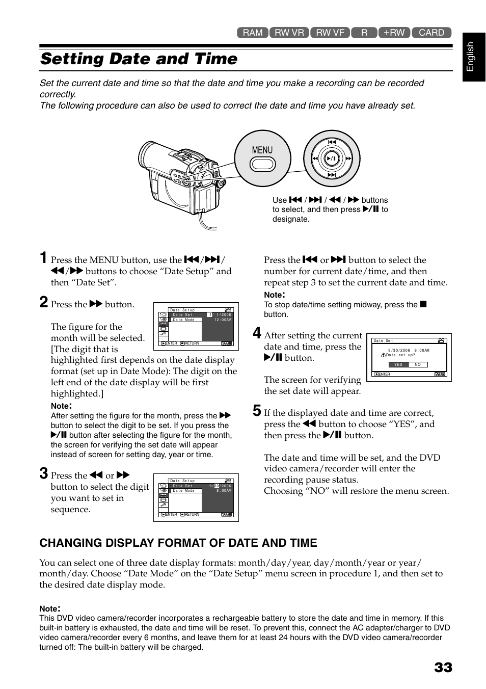 Setting date and time, Changing display format of date and time | Hitachi DZ-B35A User Manual | Page 33 / 167