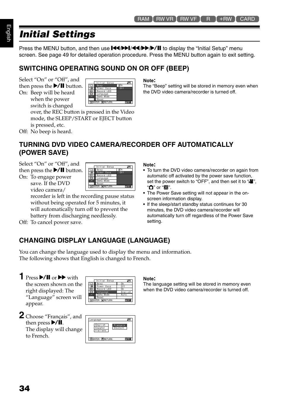 Initial settings, Switching operating sound on or off (beep), Changing display language (language) | English | Hitachi DZ-B35A User Manual | Page 34 / 167