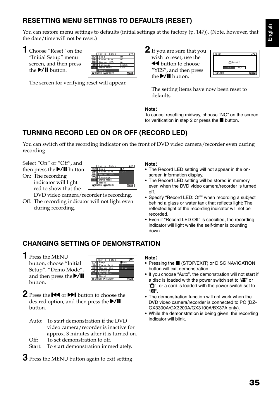 Resetting menu settings to defaults (reset), Turning record led on or off (record led), Changing setting of demonstration | English, Press the menu button again to exit setting | Hitachi DZ-B35A User Manual | Page 35 / 167