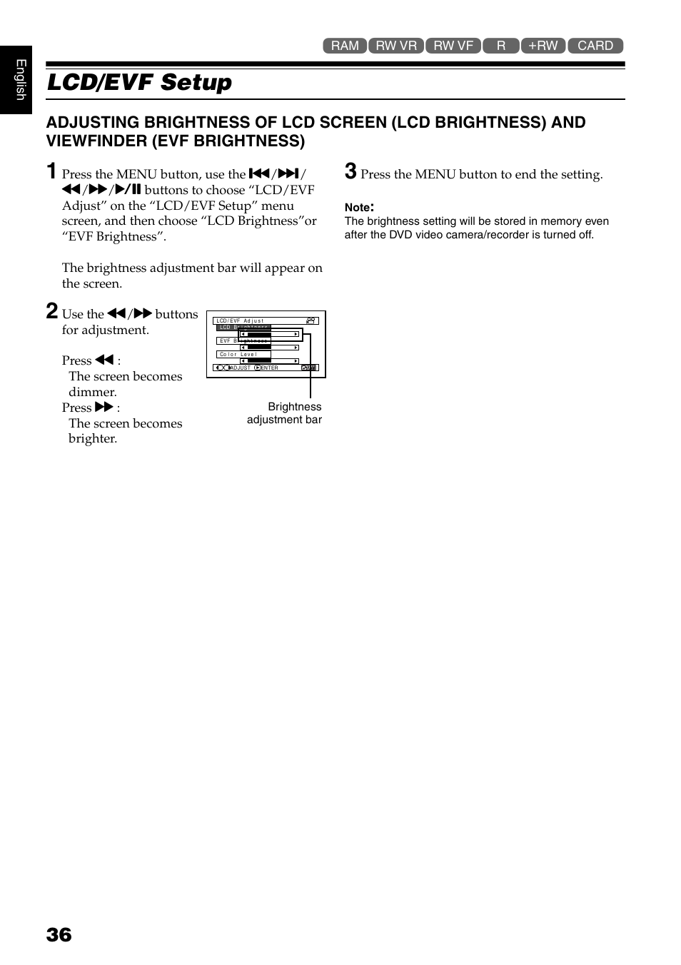 Lcd/evf setup | Hitachi DZ-B35A User Manual | Page 36 / 167