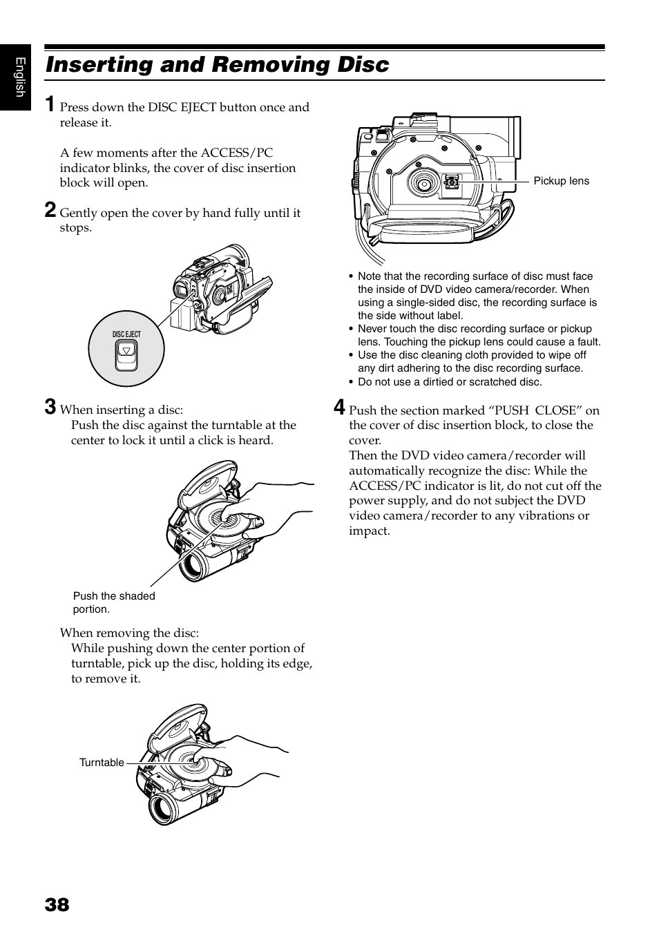 Inserting and removing disc 1 | Hitachi DZ-B35A User Manual | Page 38 / 167