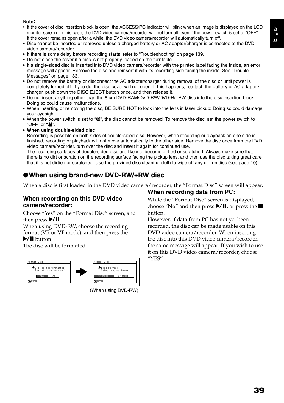 When using brand-new dvd-rw/+rw disc, When recording on this dvd video camera/recorder, When recording data from pc | English | Hitachi DZ-B35A User Manual | Page 39 / 167