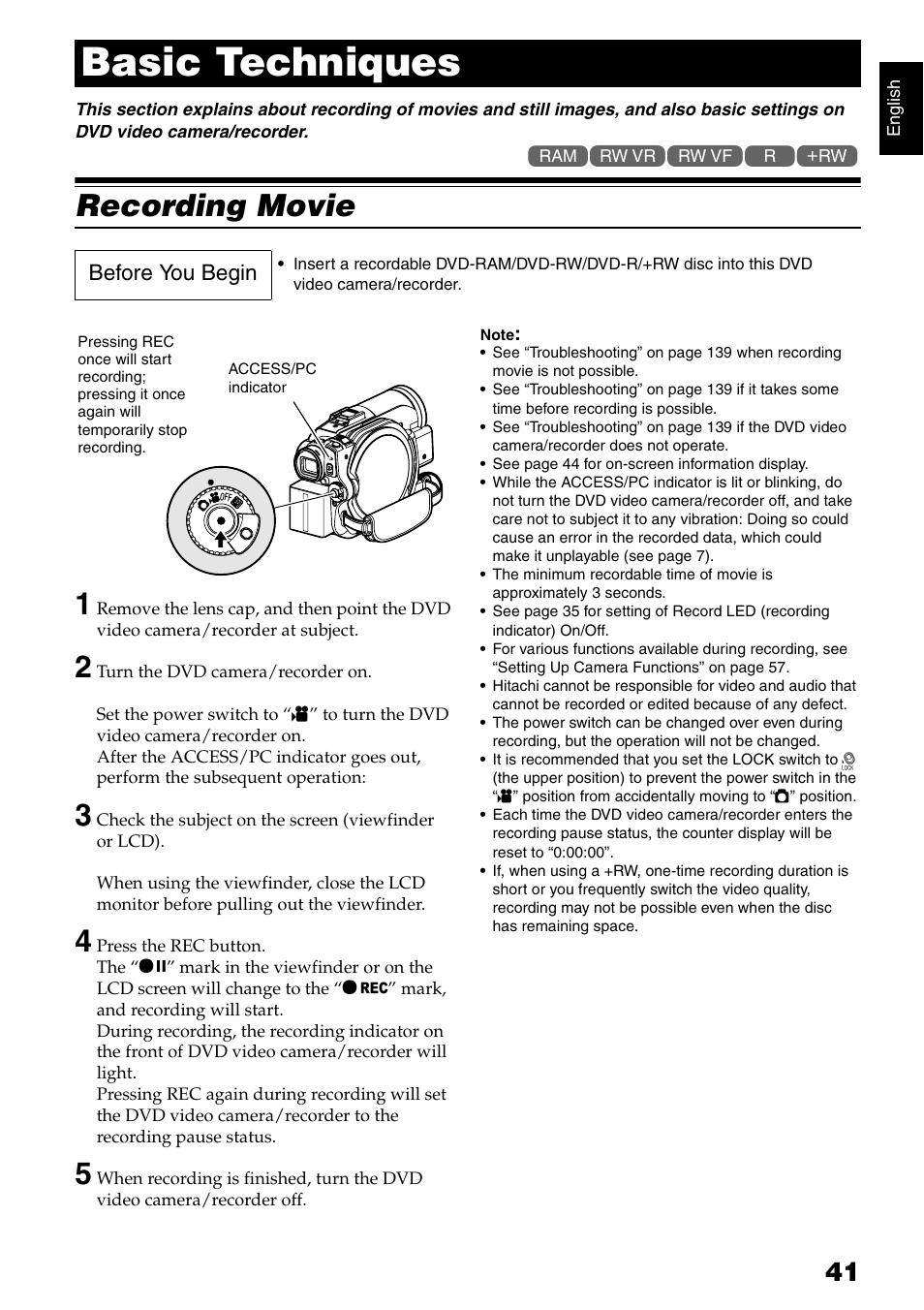 Basic techniques, Recording movie 1 | Hitachi DZ-B35A User Manual | Page 41 / 167