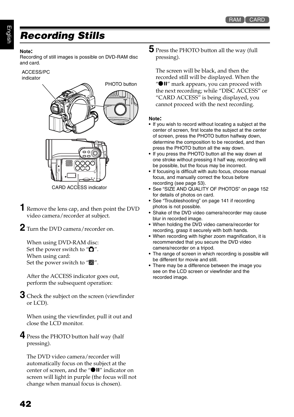 Recording stills | Hitachi DZ-B35A User Manual | Page 42 / 167