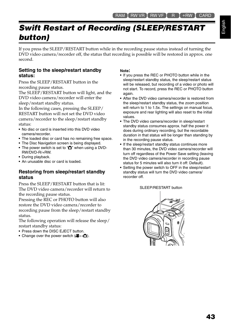 Swift restart of recording (sleep/restart button) | Hitachi DZ-B35A User Manual | Page 43 / 167