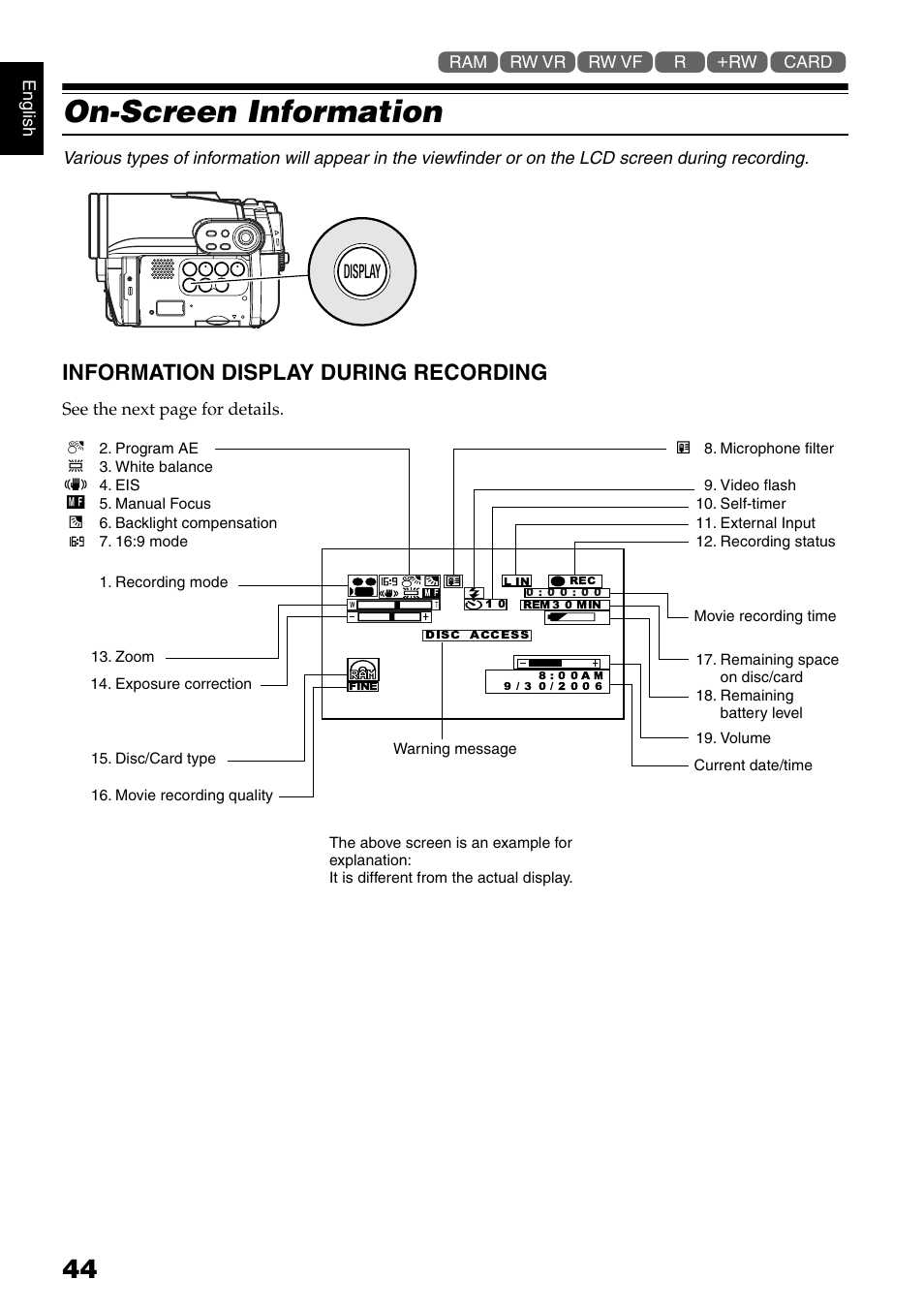 On-screen information, Information display during recording, Display | Hitachi DZ-B35A User Manual | Page 44 / 167