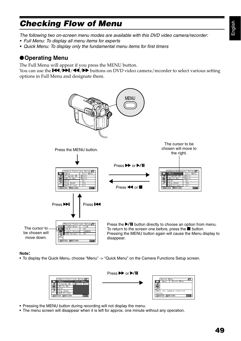 Checking flow of menu, Operating menu, English | Press c or a | Hitachi DZ-B35A User Manual | Page 49 / 167