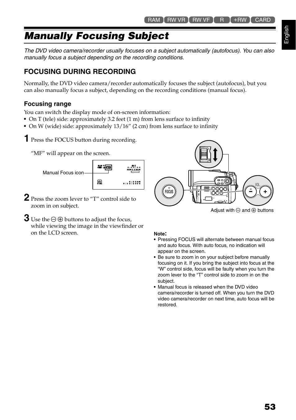 Manually focusing subject, Focusing during recording | Hitachi DZ-B35A User Manual | Page 53 / 167