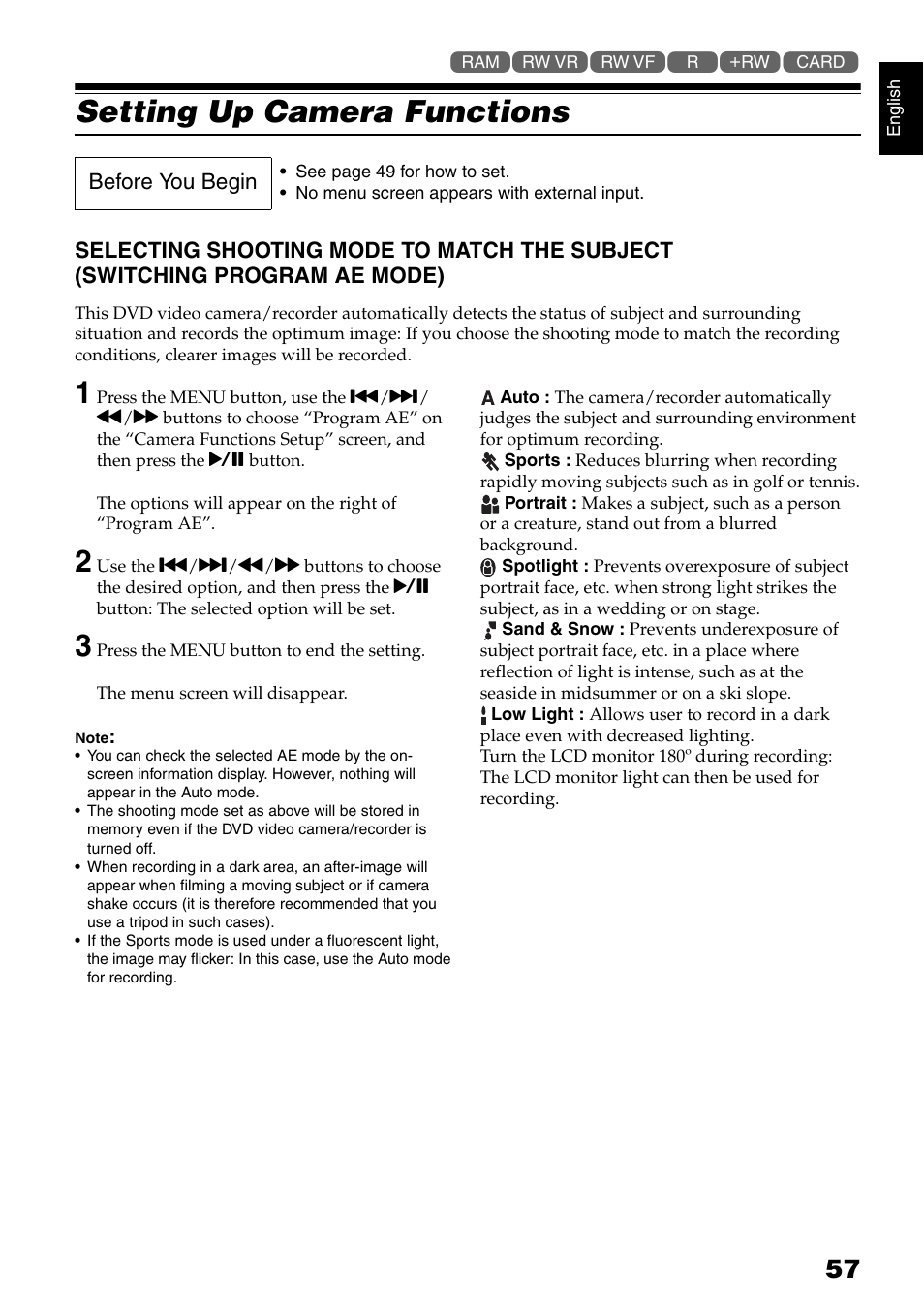 Setting up camera functions | Hitachi DZ-B35A User Manual | Page 57 / 167