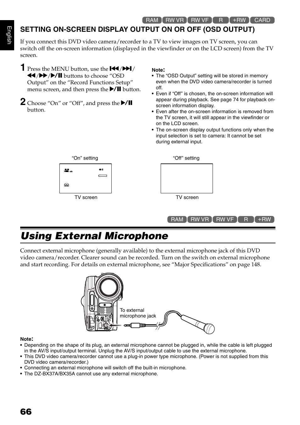 Using external microphone | Hitachi DZ-B35A User Manual | Page 66 / 167
