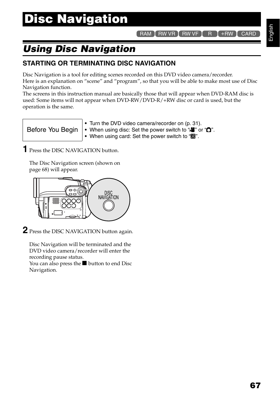 Disc navigation, Using disc navigation | Hitachi DZ-B35A User Manual | Page 67 / 167