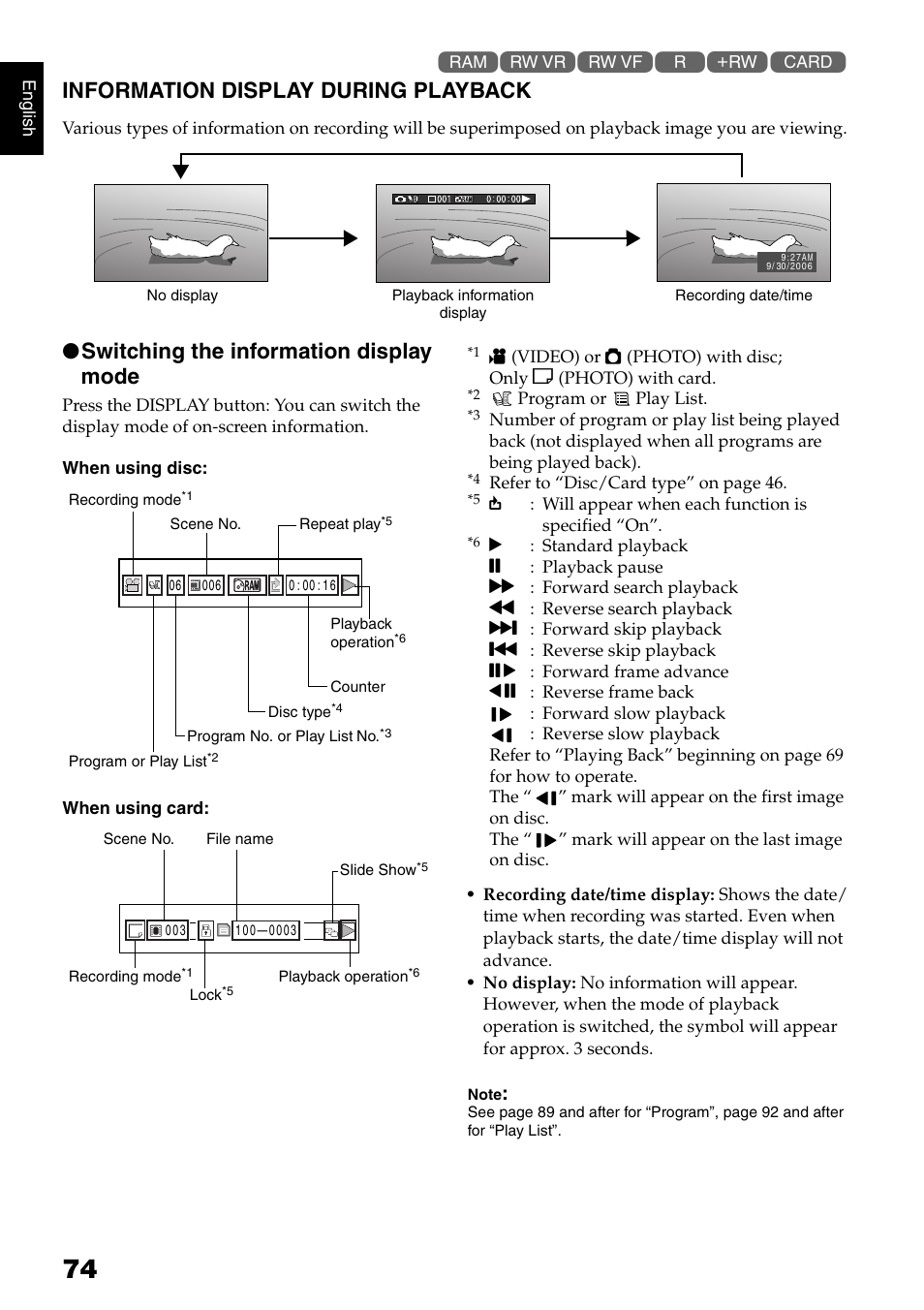 Information display during playback, Switching the information display mode | Hitachi DZ-B35A User Manual | Page 74 / 167