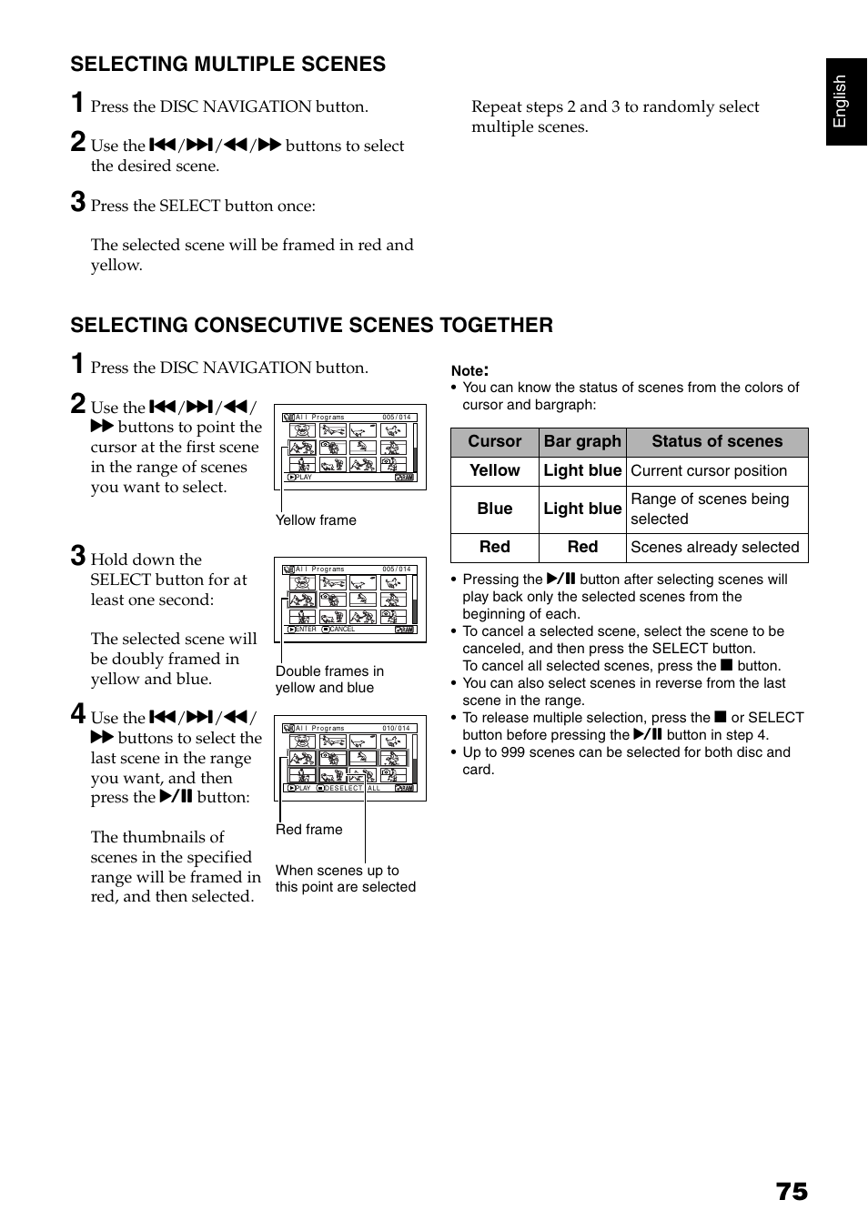Selecting multiple scenes, Selecting consecutive scenes together | Hitachi DZ-B35A User Manual | Page 75 / 167