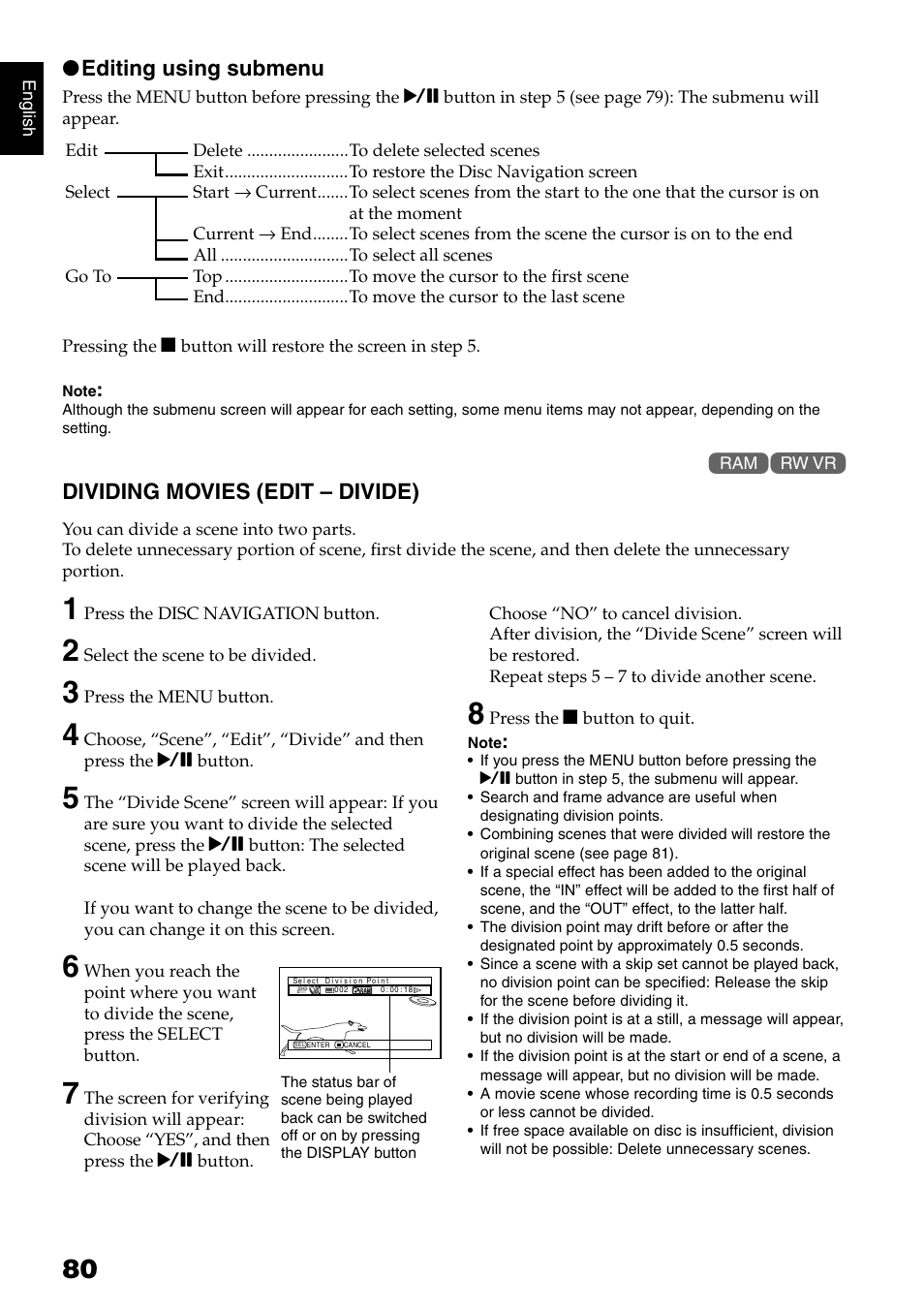 Editing using submenu, Dividing movies (edit – divide) | Hitachi DZ-B35A User Manual | Page 80 / 167