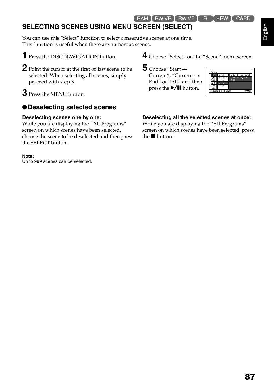 Selecting scenes using menu screen (select), Deselecting selected scenes | Hitachi DZ-B35A User Manual | Page 87 / 167